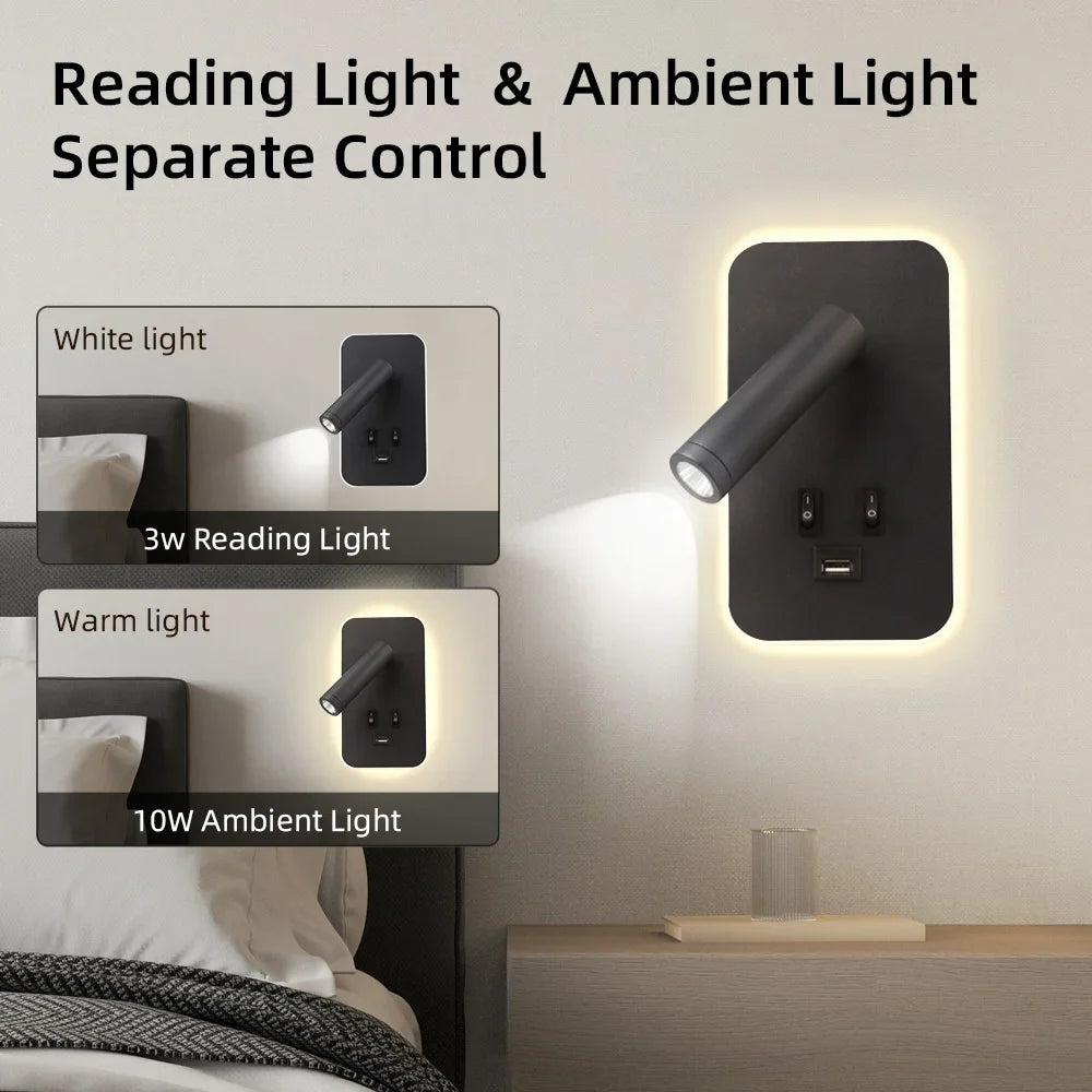 Bedside LED Wall Reading Lamp with USB Port Switch Rotatable Wall Sconce