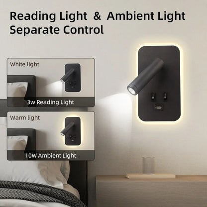 Bedside LED Wall Reading Lamp with USB Port Switch Rotatable Wall Sconce