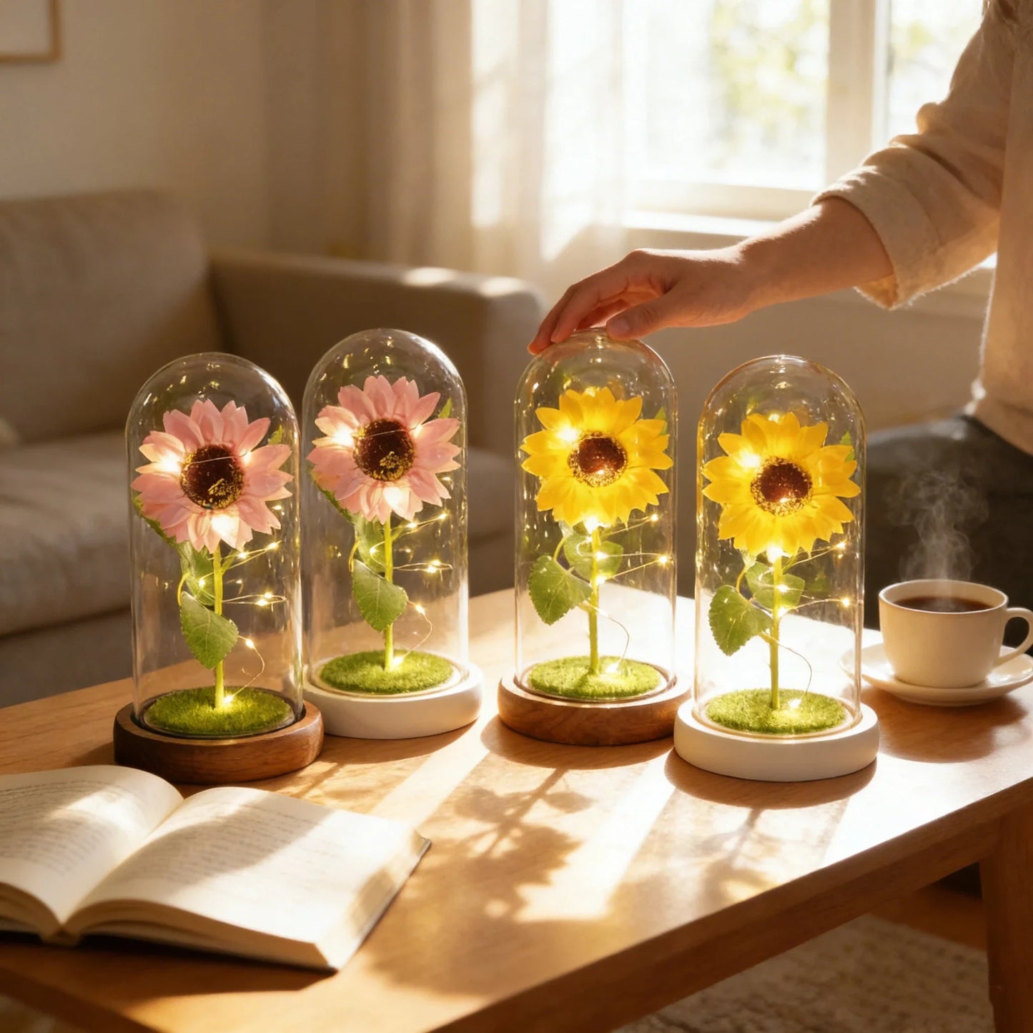 Lampe Dôme LED Tournesol Fleur Artificielle Cadeau pour Maman Grand-mère Décoration Maison