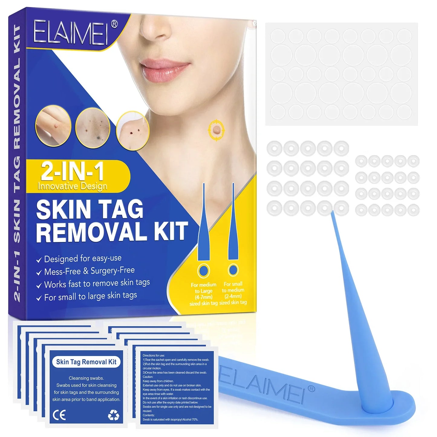 Kit 3-en-1 indolore pour l'élimination des acrochordons | Stylo de suppression des acrochordons, grains de beauté, acné et verrues avec cotons-tiges nettoyants