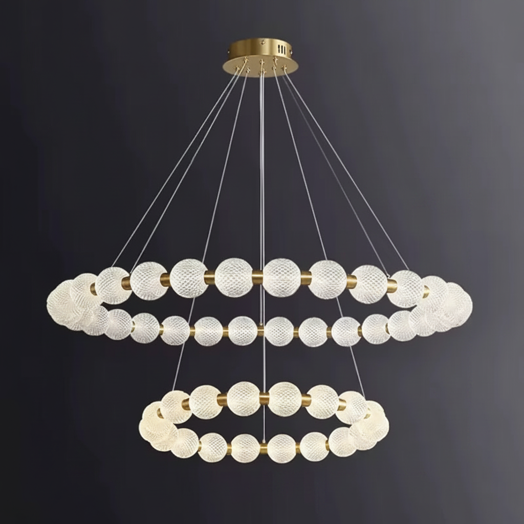 Alabaster Ring Chandelier – Gold Beaded LED Luxury Ceiling Light