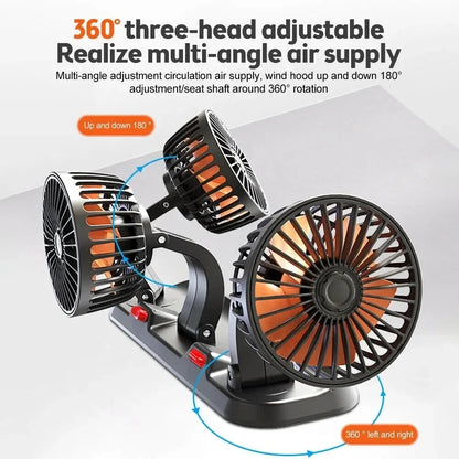 Dual Head Car Fan | 12 Volt Fan with 360° Rotation & Adjustable Airflow | Portable Cooling Solution for Cars