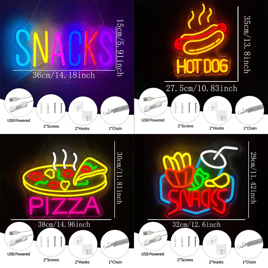 Enseignes Néon Fast-Food, Icônes Alimentaires Pizza et Hot-Dog, Alimentation USB, Utilisées pour la Décoration Murale des Magasins, Cuisines, Restaurants Fast-Food.