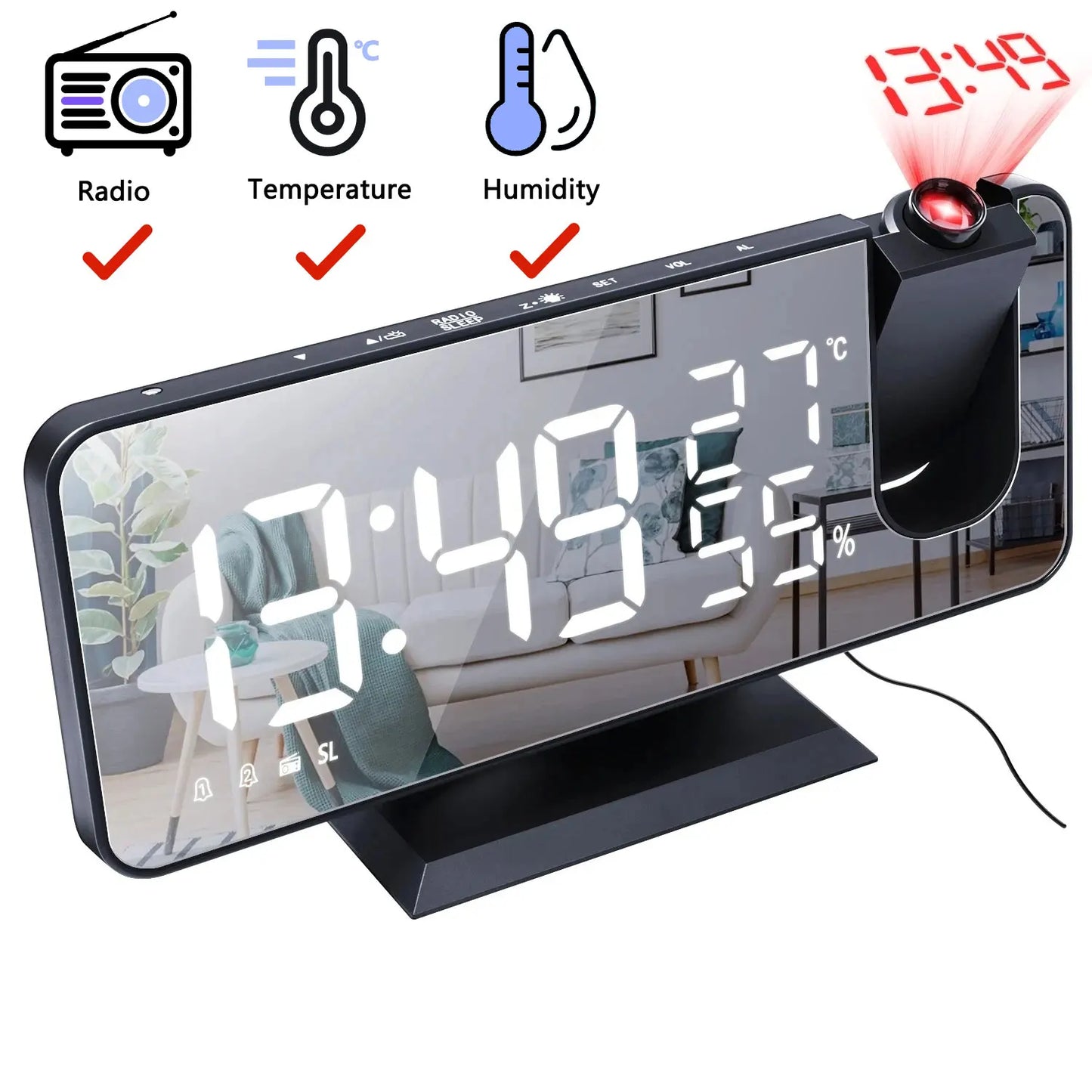 HD Projection Alarm Clock Large LED Display Digital Smart Radio Auto Dimming