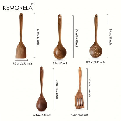 5PCS Cuchara de Cocina de Teca de Tailandia Herramienta de Vajilla de Madera Natural Cucharón Espátula Colador de Arroz Espumadera de Sopa Utensilios