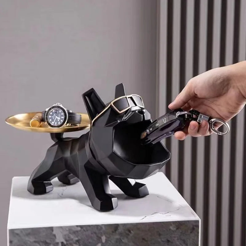 Statue de bouledogue en résine, avec plateau, pour rangement de clés, bijoux, décoration de maison, sculpture d'animal