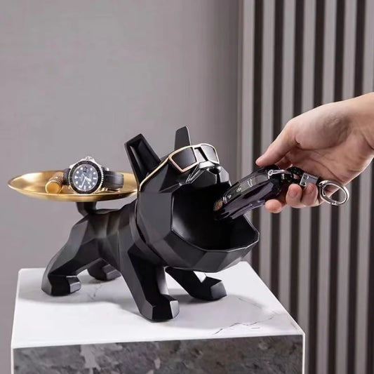 Artesanía de Bulldog de Resina Fresca, Mayordomo de Perro Matón con Bandeja para Llavero, Almacenamiento de Joyas, Estatua Decorativa para el Hogar, Escultura de Animales