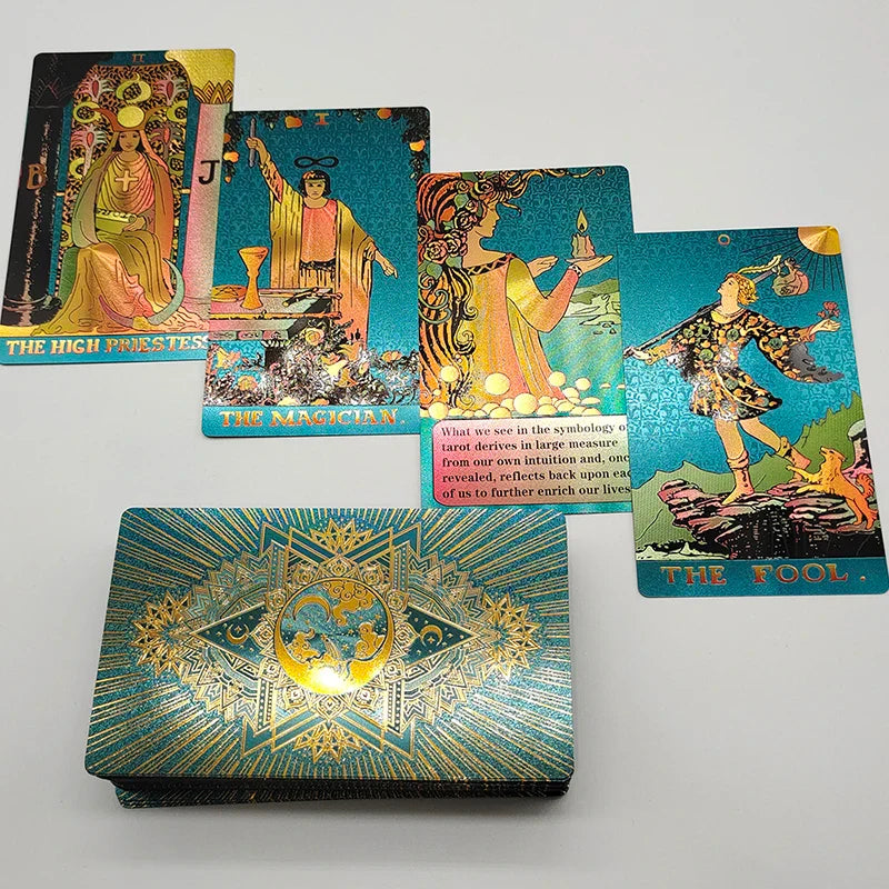 Nouvelles cartes de tarot dorées, magnifique jeu étanche, jeu de société mystère, oracle de divination coloré avec boîte cadeau