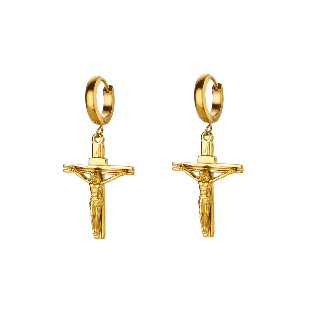 18K Gold Plated Portrait Coin Earrings | Stainless Steel Jesus Cross Dangle Huggie Earrings
