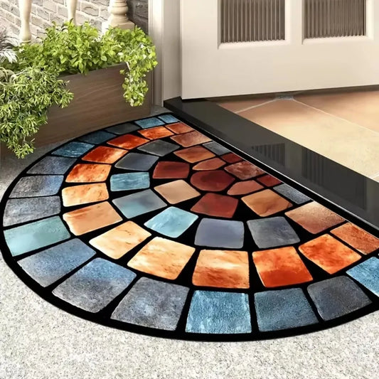 VIKAMA American Vintage Half Circle Entryway Doormat Colorful Stone Tile Mosaic Pattern Non Slip Absorbent Rug Home Decor
