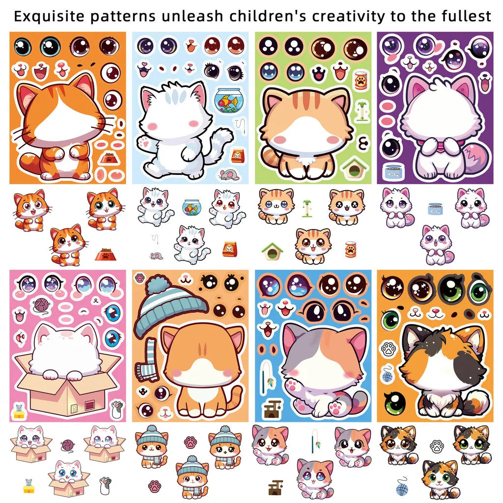8 Pcs Cute Kitten Dress-Up Stickers for Kids | Cartoon Puzzle Toy and Waterproof Notebook Decor