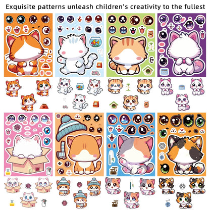 8 Pcs Cute Kitten Dress-Up Stickers | Cartoon Puzzle Toy and Waterproof Decals for Kids