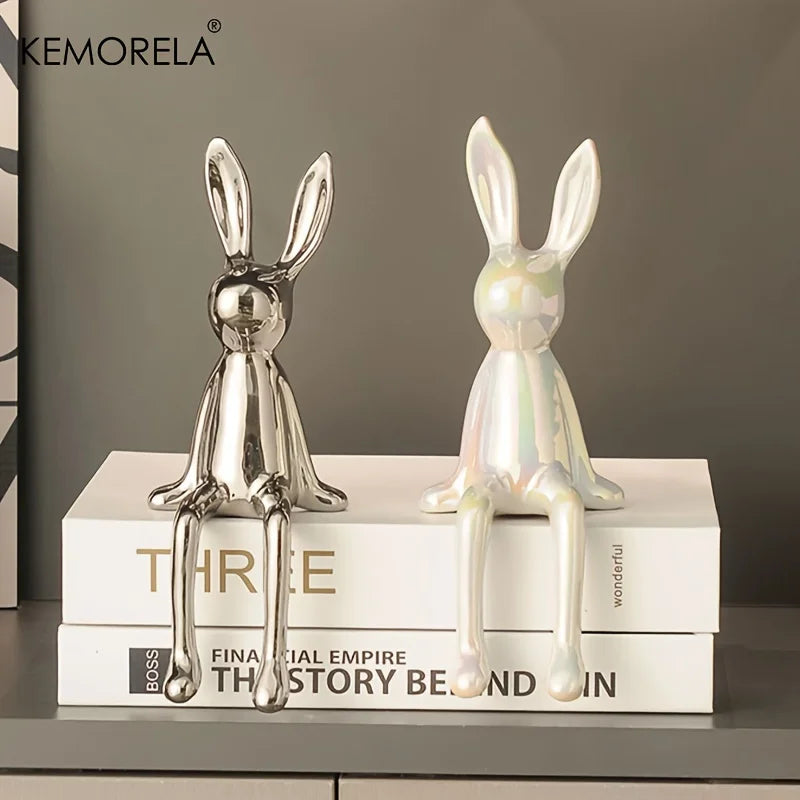 1 LAPIN Assis aux Longues Oreilles en Céramique Ornements de Chambre Statue Luxe Décoration d'Intérieur Accessoires Esthétique d'Art Maison Haut de Gamme