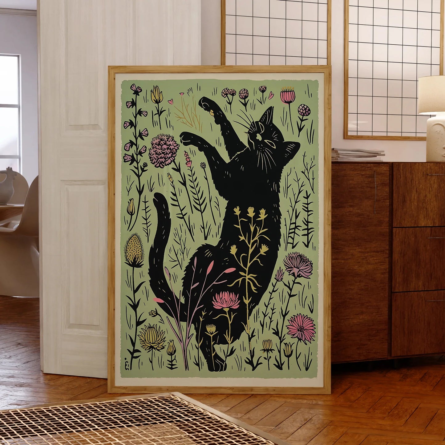 Arte moderno de pared con ilustración de gato negro lindo con flores, lienzo impreso, póster, imagen para decoración del hogar de sala de estar