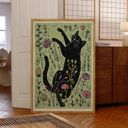 Arte moderno de pared con ilustración de gato negro lindo con flores, lienzo impreso, póster, imagen para decoración del hogar de sala de estar