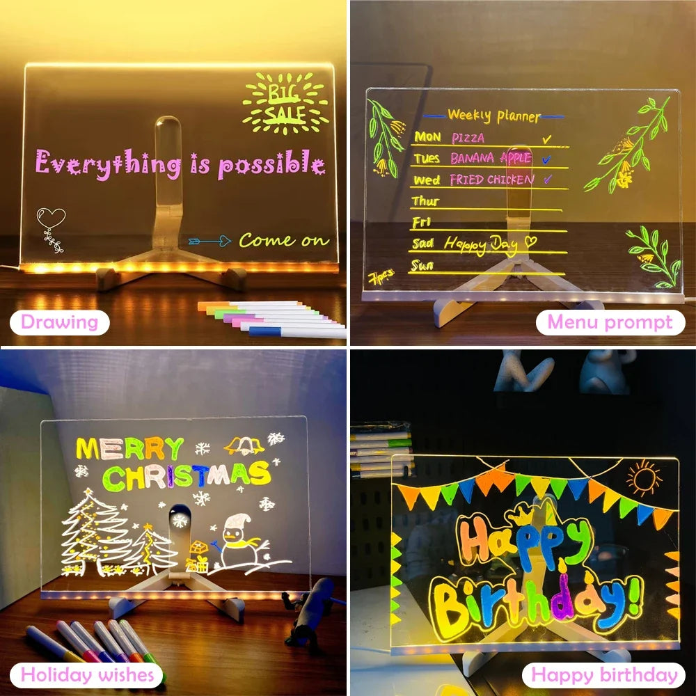 LED Kids Message Board – Colorful DIY Acrylic Drawing Board with 7 Pens Gift