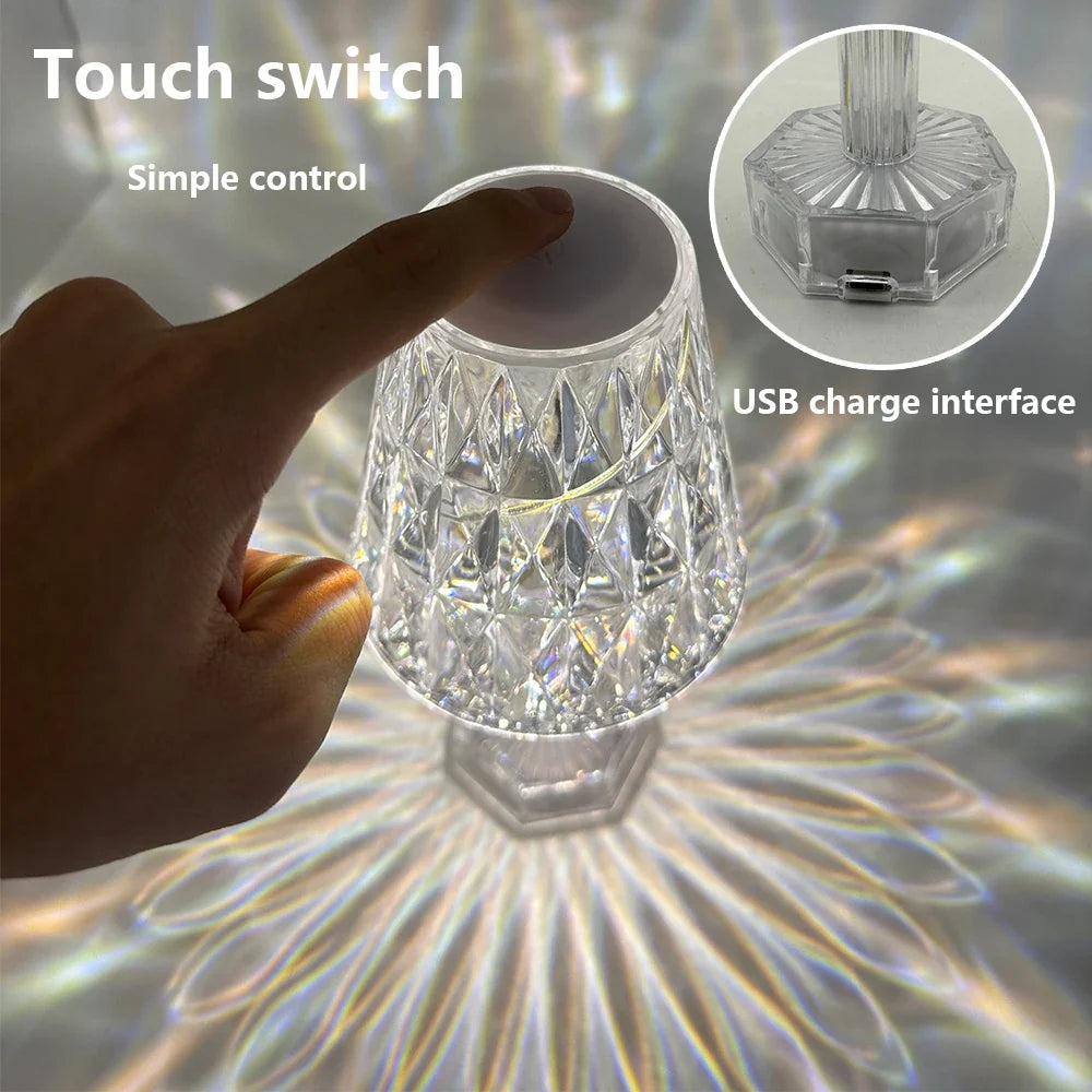 Diamond Crystal Projection Night Light USB Touch Control Bedside Desk Lamp Decor