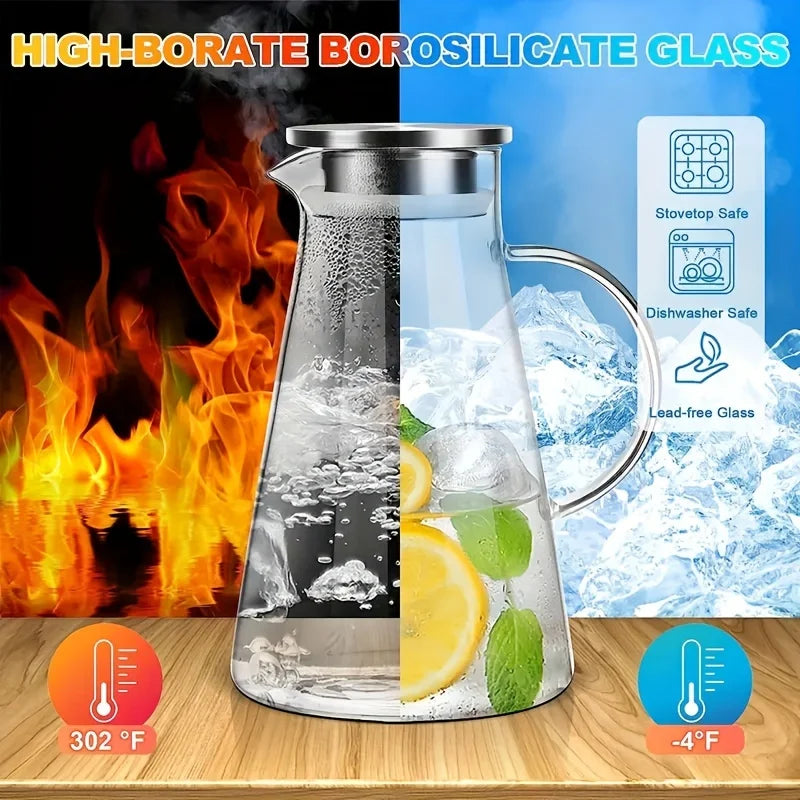 Pichet d'eau transparent en verre résistant à la chaleur, bouilloire à eau froide et tasses, pot à eau avec poignée, grande capacité, pichet de bureau et domestique