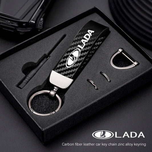 Car Carbon Fiber Style Keychain | Lada Accessory with Microfiber Leather