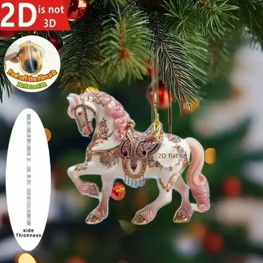 Pendentif de rétroviseur de voiture cheval acrylique 2D, ornement de sapin de Noël, décoration de fête de Nouvel An à suspendre