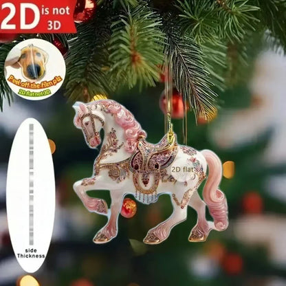 Pendentif de rétroviseur de voiture cheval acrylique 2D, ornement de sapin de Noël, décoration de fête de Nouvel An à suspendre