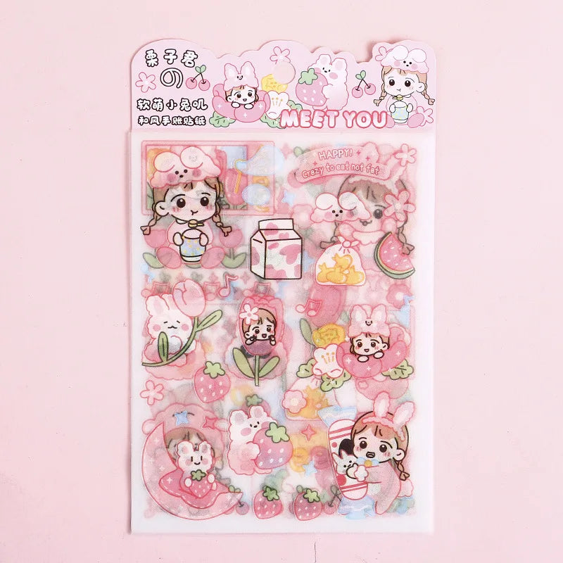 Cute Pink PET Sticker Pack for Scrapbooking and Journaling | 4 Sheets Kawaii Decorative Stickers