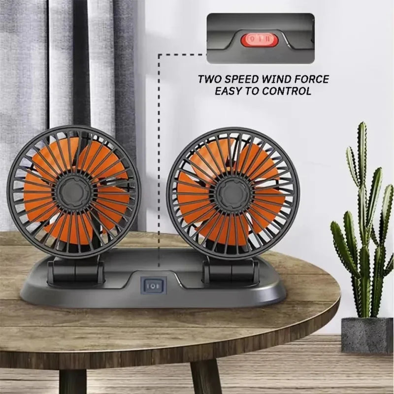 Dual Head Car Fan | 12 Volt Portable Fan with Adjustable Airflow | USB Charging for Efficient Air Circulation