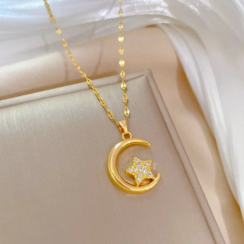Crescent Moon Pendant Necklace | Vintage Stainless Steel Choker for Women