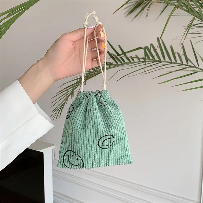 Small Corduroy Drawstring Pouch | Multi-Purpose Storage Bag for Women and Girls
