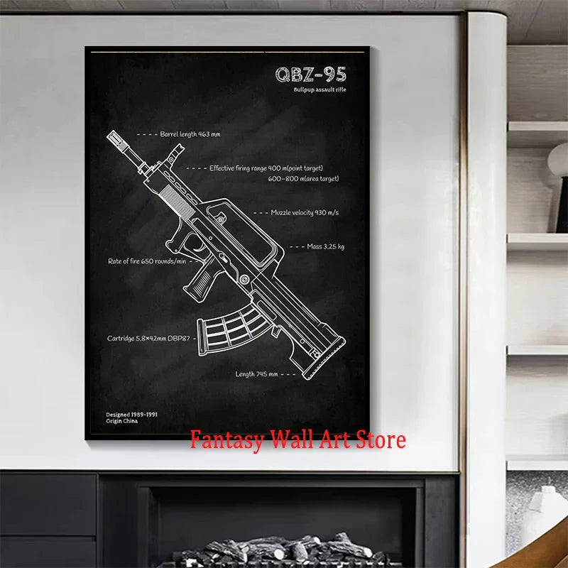 Affiche de plan d'armes Tableau noir Pistolets Plan Toile Peinture Amateurs militaires Décoration murale de chambre à coucher Fusillade