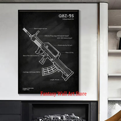 Affiche de plan d'armes Tableau noir Pistolets Plan Toile Peinture Amateurs militaires Décoration murale de chambre à coucher Fusillade