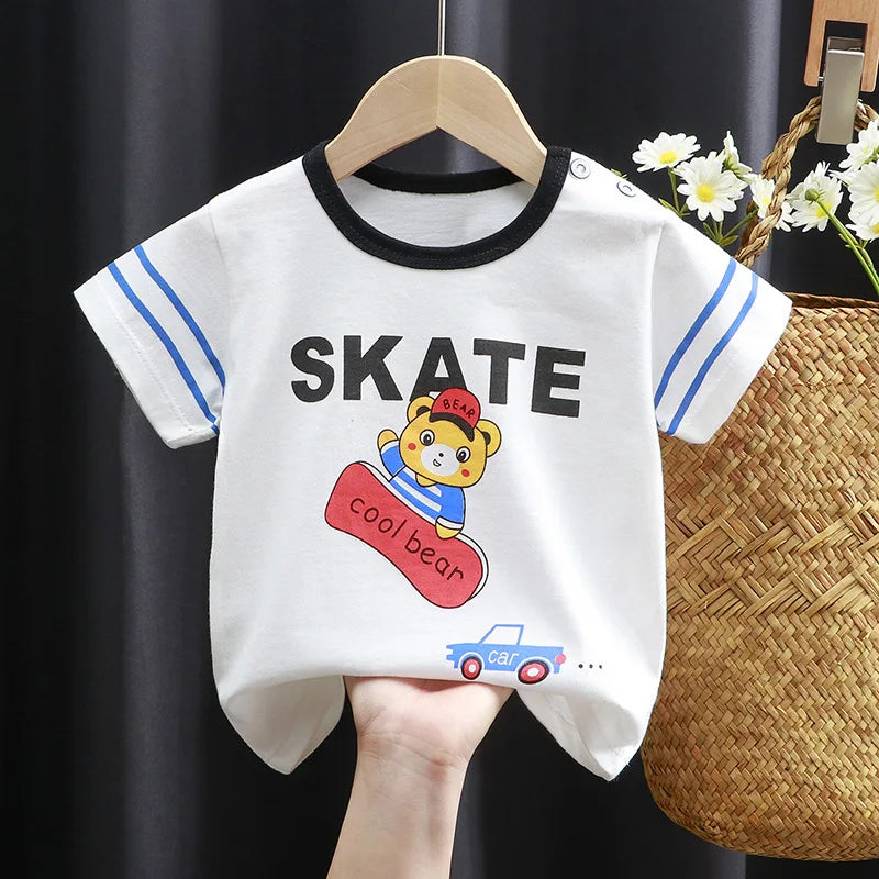 Camisetas y playeras infantiles de verano, 100 % algodón, con estampado gráfico, ropa para niño, estilo coreano, ropa para niña, auto de dibujos animados, 2026, artículos para bebé