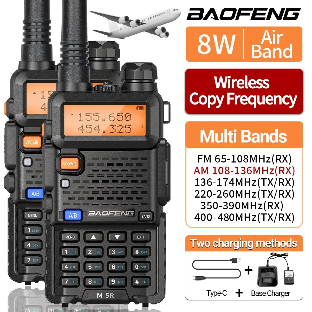 8W Multi Band Walkie Talkie Long Range Two Way Radio USB C Handheld