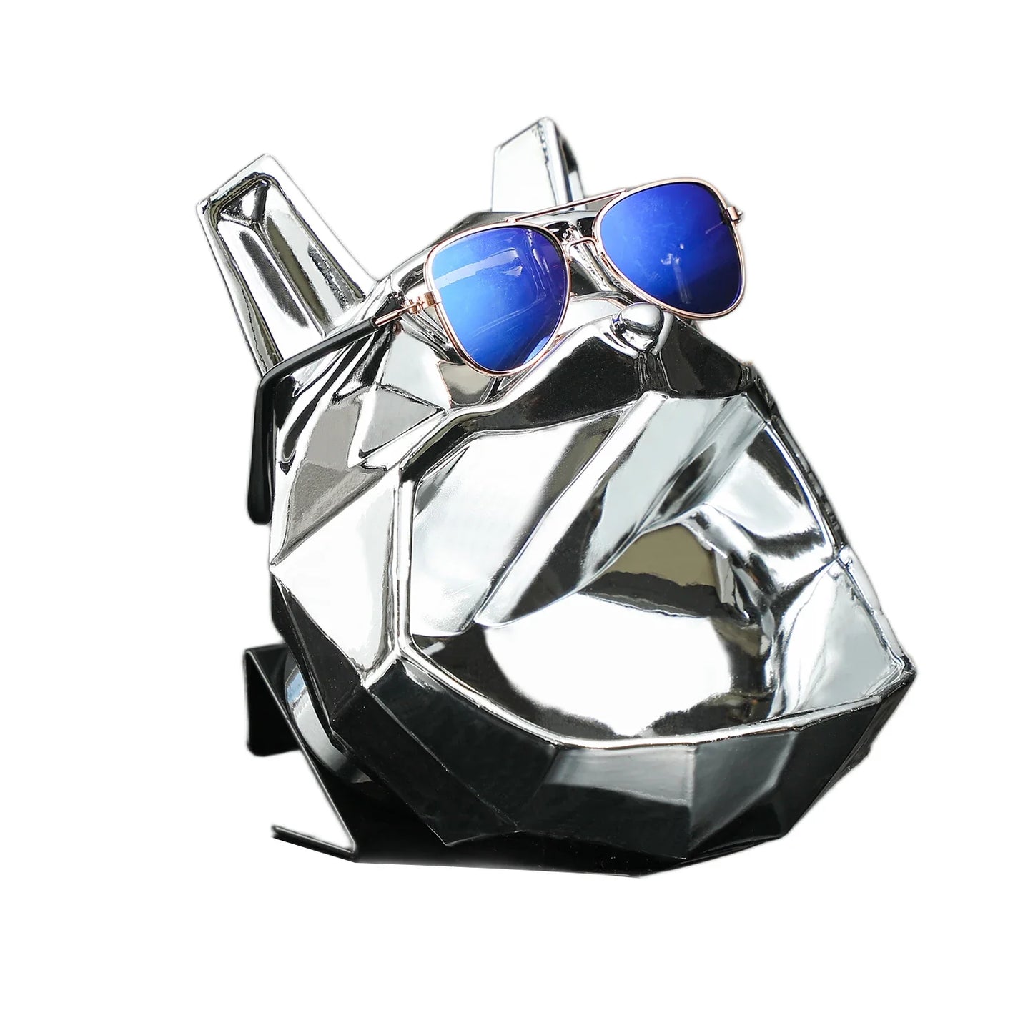 Figurine Tête de Chien Bouledogue Polygonale avec Rangement Galvanoplastie Dorée Argentée Sculpture en Résine Synthétique Solide Figurine Décoration Maison