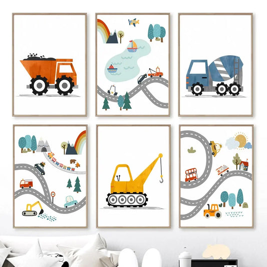 Póster de lienzo de estilo nórdico moderno, pintura, coche de dibujos animados, letras, números, cuadro de pared para niños, estudio de arte, decoración del hogar para habitación infantil
