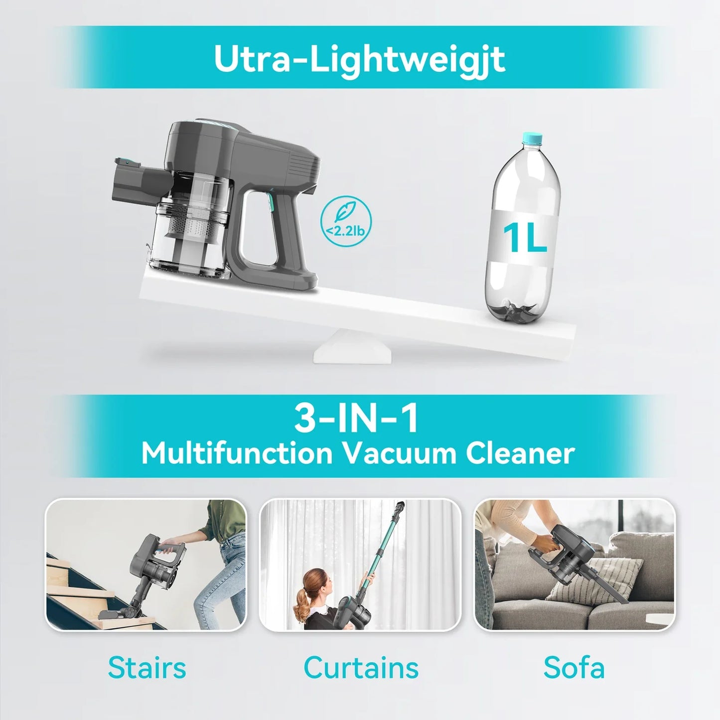 Cordless Upright Stick Vacuum Cleaner 20KPa Lightweight for Carpet Pet Hair