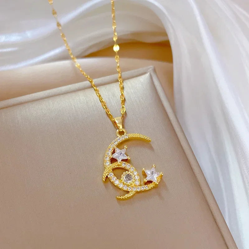 Stainless Steel Crescent Moon Pendant Necklace | Vintage Gold Choker Jewelry for Women