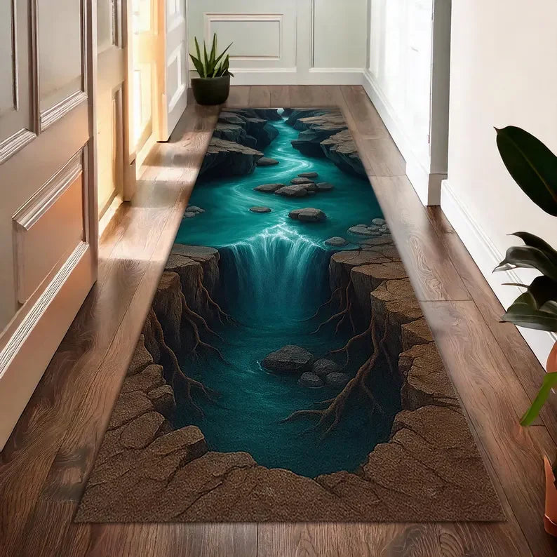 Tapis de sol 3D Cascade Canyon Impression Nature Réaliste Antidérapant pour Salon Chambre Couloir Décoration Maison