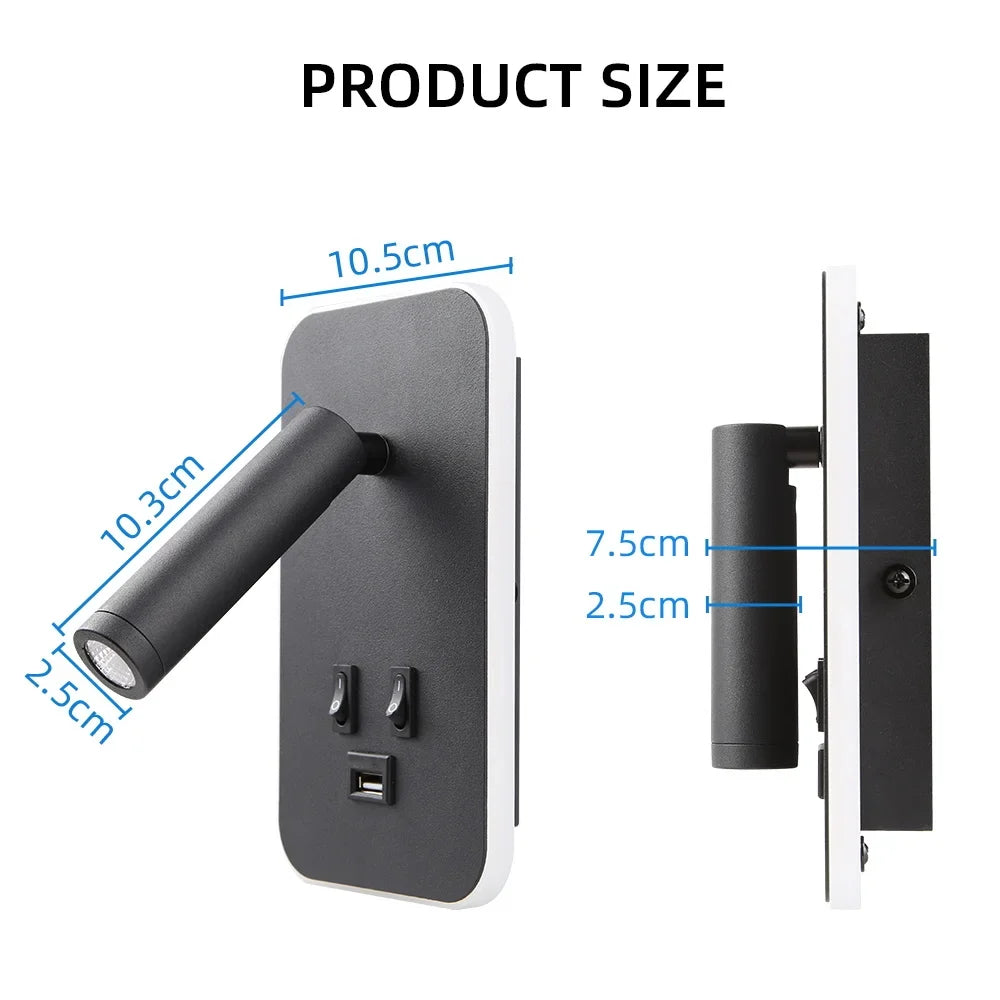 Bedside LED Wall Reading Lamp with USB Port Switch Rotatable Wall Sconce