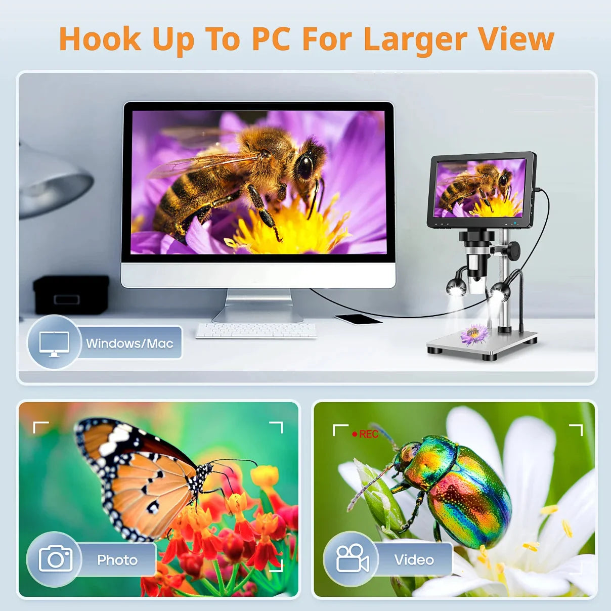 7 Inch Digital Microscope 1200X Coin Repair Camera with LED PC View