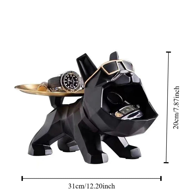 Statue de bouledogue en résine, avec plateau, pour rangement de clés, bijoux, décoration de maison, sculpture d'animal