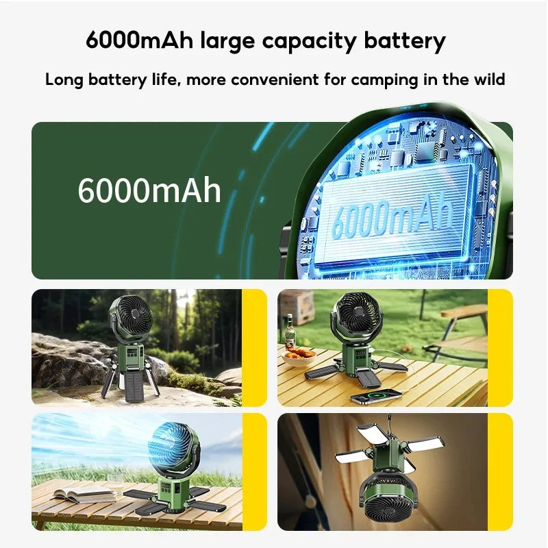 Rechargeable Camping Fan | Battery Powered Fan with 6000mAh Battery | Portable Cooling and LED Light for Outdoor Adventures