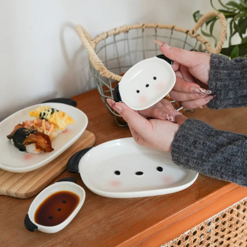 Cute Puppy Shaped Sushi Plate and Dipping Dish Set | 8 Inch Oval Ceramic Dinnerware