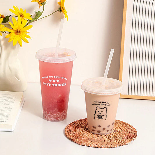 Kawaii Water Bottle for Coffee Juice Milk Tea | Cute Plastic Cold Cups with Straw Lid
