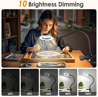 10X Magnifying Desk Lamp | LED Gooseneck Clamp Light with 3 Color Modes