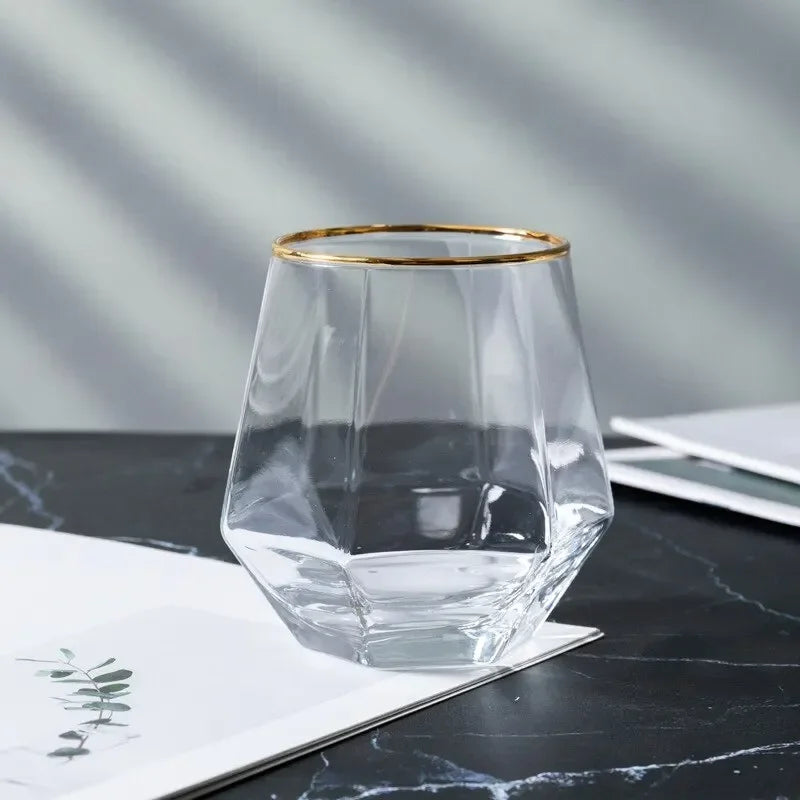 Gold Rim Hexagonal Crystal Glass | Elegant Whiskey & Wine Glass