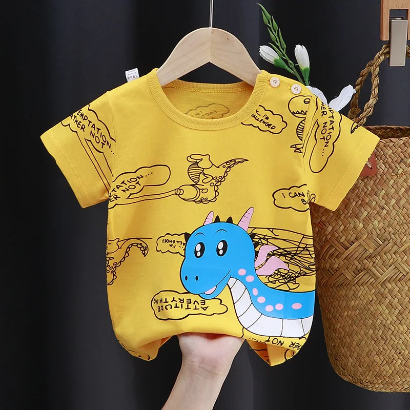 Camisetas y playeras infantiles de verano, 100 % algodón, con estampado gráfico, ropa para niño, estilo coreano, ropa para niña, auto de dibujos animados, 2026, artículos para bebé