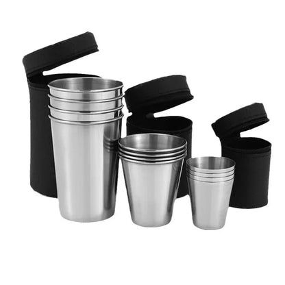 2025 Lot de 4 tasses de voyage d'extérieur en acier inoxydable, mini verres à whisky/vin avec étui, vaisselle portable 30ml/70ml/170ml