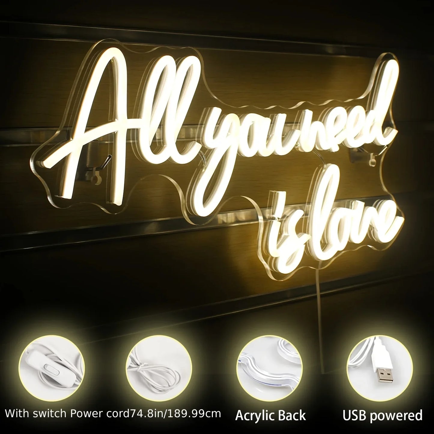 Enseigne au néon "All You Need Is Love" LED Décoration murale lumineuse au néon pour chambre, fête, anniversaire, mariage, cadeau pour ami, alimenté par USB