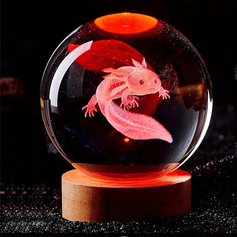3D Axolotl Crystal Ball Night Light | LED Laser Engraved Glass Decor Lamp Gift
